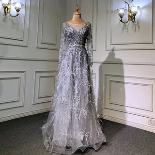 Luxury Grey A-Line Evening Dress with Long Sleeves and Feather Beaded Detail - Women's Party Gown 2024