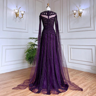 Arabic Purple Elegant Mermaid Cape Sleeves Lace Beaded Evening Dress - Women's Wedding Party Gown 2024