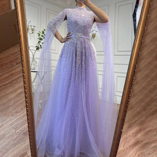 Ships in 1 to 3 Days - 2024 Blue A-Line Evening Gown: High-End Beaded Luxury with Cape Sleeves - Ideal for Plus Size Women's Party Elegance