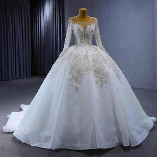 Gorgeous Sequins Beaded Long Sleeve Puffy Ball Gown Wedding Dress