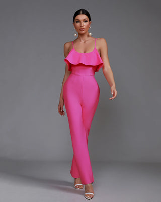 Pink One-Piece Chic Ruffle Strap Wide-Leg Jumpsuit for Women 2024