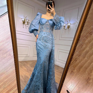 Ships in 1 to 3 Days - Arabic Elegance: Long-Sleeved Blue Mermaid Evening Dresses with Overskirt, Perfect for Wedding Parties and Plus-Size Women