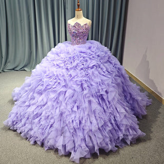 Elegant Purple Ruched Sequins Beaded Puffy Quinceañera Gown