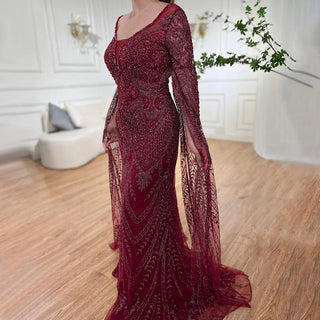 Wine Red Luxury Cape Sleeve Evening Gown 2024 - Beaded Mermaid Elegant Dress for Women's Party