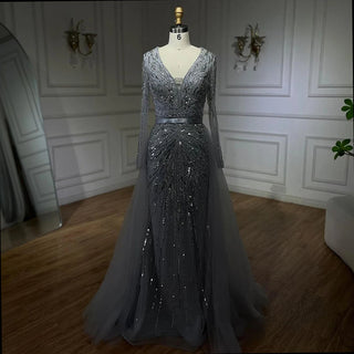 2024 Dubai Gray Long Sleeves Mermaid Beaded Arabic Luxury Evening Dress: Gowns for Women's Wedding Party