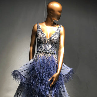 Blue Beaded Feather Mermaid Evening Dress with Elegant Overskirt - Women's Party Couture Gown 2024