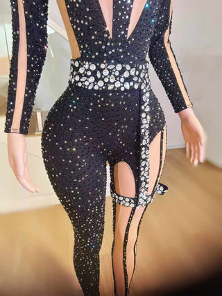 Glamorous Cutout Crystal Embellished Jumpsuit with Rhinestone Detailing