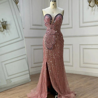 Saudi Arabic Pink Strapless Mermaid Evening Dress with High Split for Formal Occasion