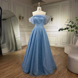 Arabic Blue Elegant A-Line Floor Length Luxury Evening Dress - Beaded Wedding Party Gown for Women