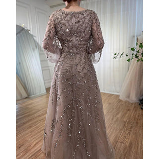 Muslim Caramel A-Line Beaded Luxury Dubai Long Evening Dress - Gown for Women's Wedding Party 2024