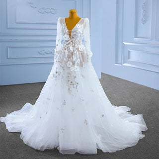 Illusion V-Neck Long Sleeve Wedding Dress with Appliqued Flowers