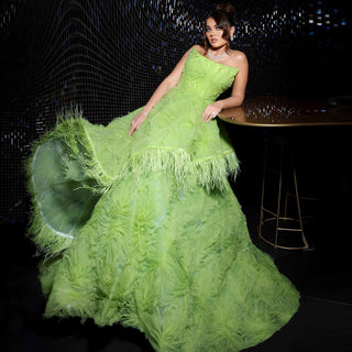 Luxury Lime Green Feather and 3D Floral Dubai Evening Dress - Elegant Strapless Gown for Women’s Wedding Party