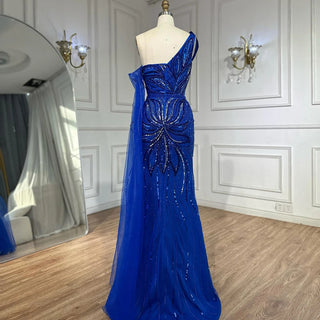 Royal Blue One Shoulder Beaded Mermaid Evening Dress with Split for Formal Occasion