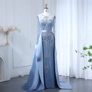 Arabian Luxury Blue Beaded Evening Gown with Long Sleeves and Overskirt for Dubai Women’s Wedding Party