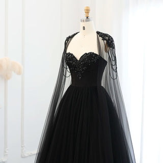 Gothic Black Tulle Arabic Evening Dress with Cape Sleeves Elegant Women 2024 Luxury Dubai Formal Party Gowns