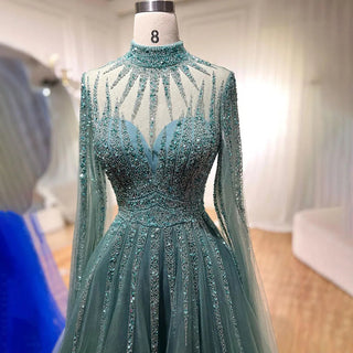 Arabic Turquoise A-Line Evening Dress 2024 with Beaded Detailing and Cape Sleeves - Ideal for Women's Wedding Party