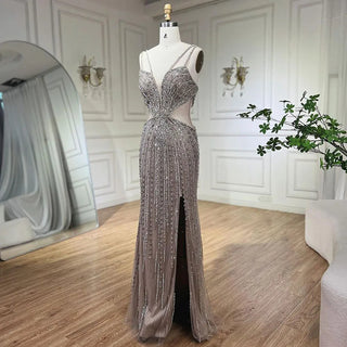 Gray Cut Out Spaghetti Straps Elegant Mermaid Evening Dresses Gowns Luxury Beaded For Woman Party 2024