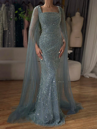 2024 Saudi Arabic Turquoise Mermaid Evening Dress - Beaded Pearls with Cape Sleeves for Formal Occasions