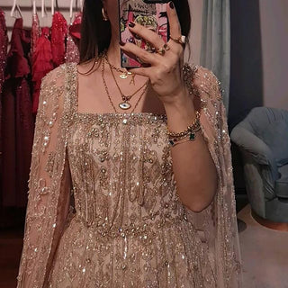 Ships in 2 to 5 Days - Arabic Nude A-Line Cape Sleeve Crystal Beaded Saudi Evening Dresses for Occasion