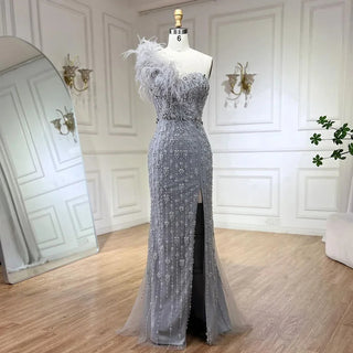 Ships in 1 to 3 Days - Gray Mermaid One Shoulder High Split Beaded Feather Luxury Evening Dress: 2024 for Women's Party