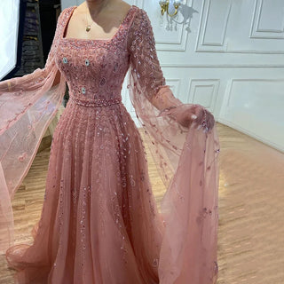 Ships in 1 to 3 Days - Pink Elegance: 2024 A-Line Dubai Evening Gown with Square Collar and Beading