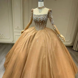 Vintage Golden Pearls High Neck Puffy Quinceañera Dress for Sweet Girls