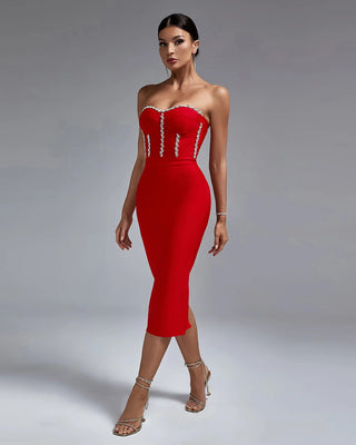 Ships in 1 to 3 Days - Scarlet Strapless Midi Dress with Crystal Embellishments