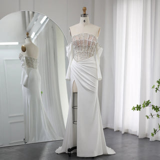 Luxury Dubai Mermaid White Evening Dress 2024 with Sexy Scalloped High Slit Prom Dresses for Women's Wedding Party