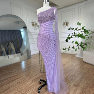 Lilac Mermaid Elegant One-Shoulder High Split Beaded Evening Dress - Women's Wedding Party 2024