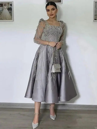 Arabic A-Line Luxury Satin Lace Beaded Gray Midi Tea-Length Evening Dress - Formal Women's Wedding Party