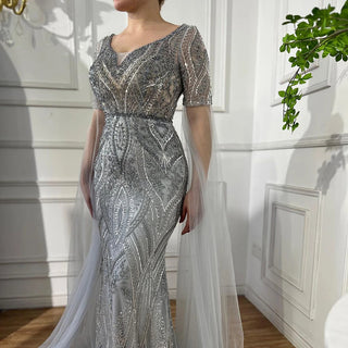 Emerald Elegance: 2024 Luxury Evening Dresses with Cape Sleeves in Rose Gold and Gray