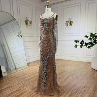 Ships in 1 to 3 Days - Luxury Crystal Tassel Dubai Caramel Evening Dress - Spaghetti Strap Formal Prom Party Gown for Women's Wedding