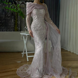 2024 Pink Mermaid Evening Dress with Luxury Beaded Pearls and Overskirt - Formal Gown