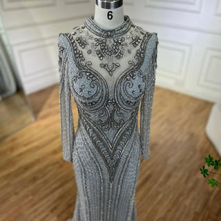 Dubai Gray Mermaid Elegant Lace Crystal Beaded Evening Dress - Luxury Gown for Women's Wedding Party 2024