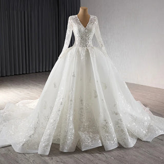 Elegant V-Neck Embroidered Wedding Dress with Long Tail for Girls