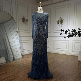 Muslim Blue Mermaid Luxury Beaded Dubai Long Evening Dress - Gown for Women's Wedding Party 2024