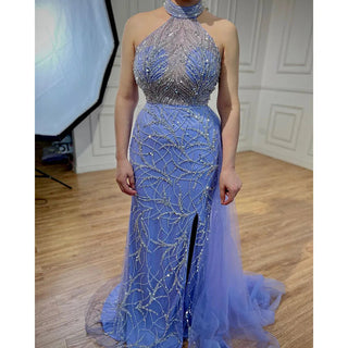 Arabic Blue Mermaid Sleeveless Sexy High Split Beaded Evening Dress - Women's Wedding Party Gown 2024