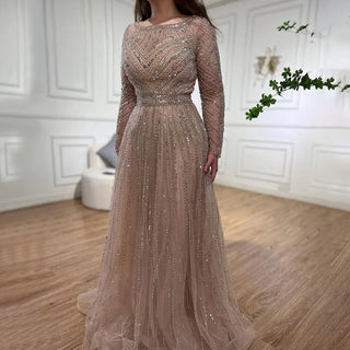 Ships in 1 to 3 Days - Luxury Gold Mermaid Evening Dress with Long Sleeves and O-Neck - Women's Party Gown 2024