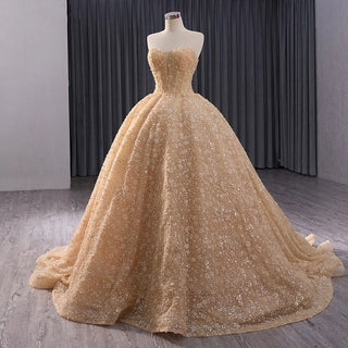 Elegant Golden Strapless Sequins Flower Ball Gown Evening Dress