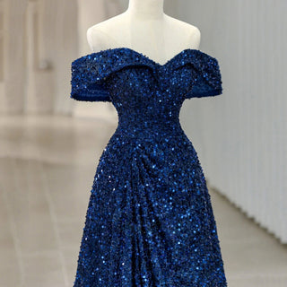 New Blue A-Line Prom Dress with Sequins and Off-Shoulder Design