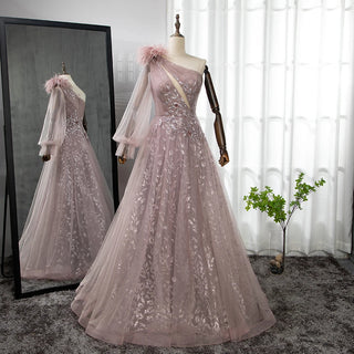 Pink A-Line Split Evening Gown 2024: Beaded Elegant Feathers, One Shoulder for Women Party