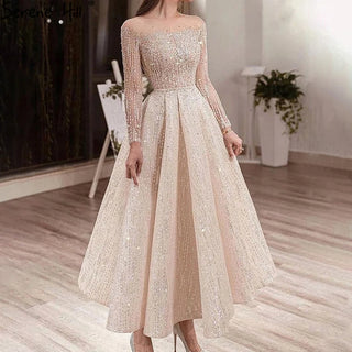 Muslim Ivory Luxury Evening Dress 2024 - A-Line Ankle-Length Beaded Formal Gown for Wedding Party