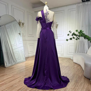 Arabic Purple Mermaid Satin Evening Dress with Overskirt - Lace Beaded, Elegant Gown for Women's Party 2024