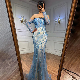 Ships in 1 to 3 Days - Blue Luxury Beaded Mermaid Evening Dresses 2024 - Sexy Off-Shoulder For Women's Party Gowns Prom Dress