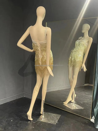 Luxury Gold Mini Skirt Stage Dress with Tassel Beads - Evening Fashion Dress