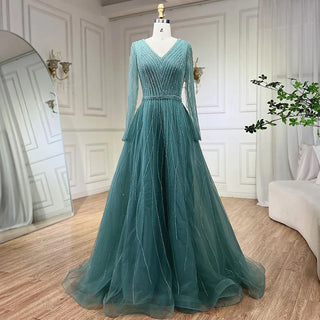 Turquoise Muslim Elegant A-Line Evening Dress with Beaded Details for Formal Events 2024