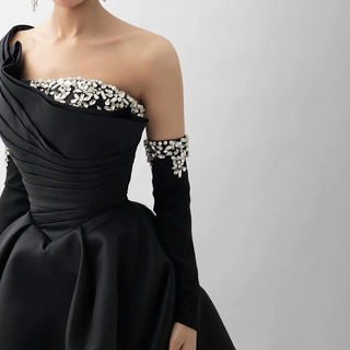 2024 Black One-Shoulder Satin A-Line Beaded Evening Gown with Sleevelets for Women’s Party - Saudi Dress