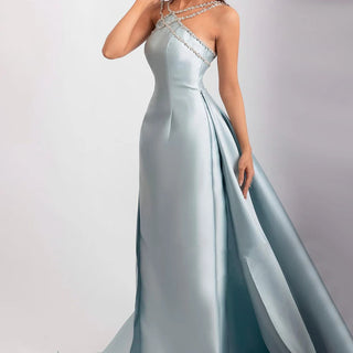 Blue Satin Elegant Halter Mermaid Evening Dress with Overskirt - Beaded Gown for Women's Wedding Party 2024