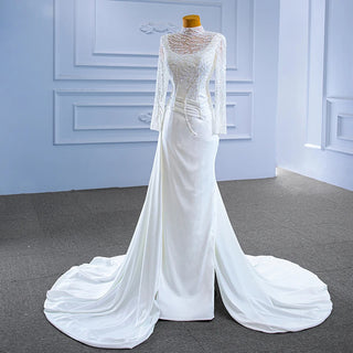 Elegant Satin High Neck Lace Mermaid Wedding Dress with Tail