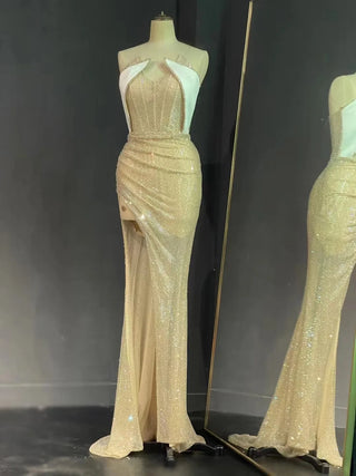 Sexy Champagne Mermaid Dress with High Slit and V-Neck - Stage Evening Fashion Dress